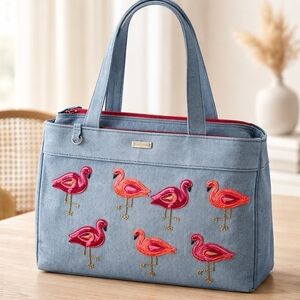 Beaded Flamingo Denim Tote Bag NWT